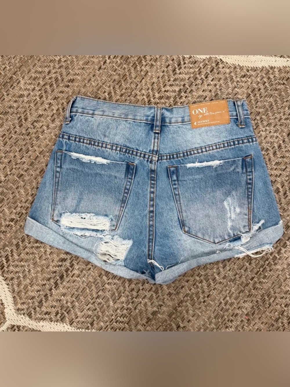 One Teaspoon faded light blue distressed denim cuffed shorts